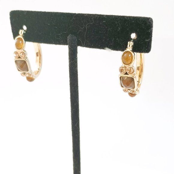 Brown & Gold Rhinestone Hoop Earrings. Retro Pierced Earrings - Picture 3 of 3